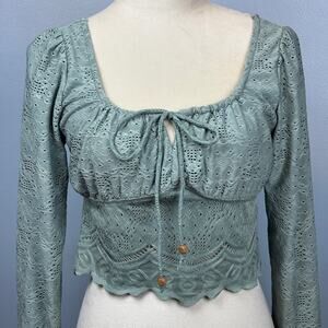 Kirious Crop Top Eyelet Lace Long Sleeve Blouse Sage Green Milk Maid Delicate LG